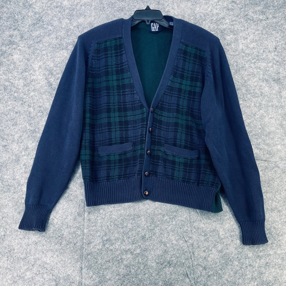 VTG GAP Cardigan Sweater Men Large Blue Tartan Plaid V-Neck Button Knit 90s Dad